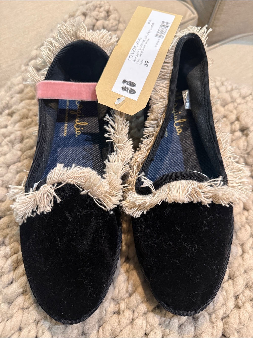 Allagiulia Italian Black Velvet Fringe Mary Jane Flats new never worn